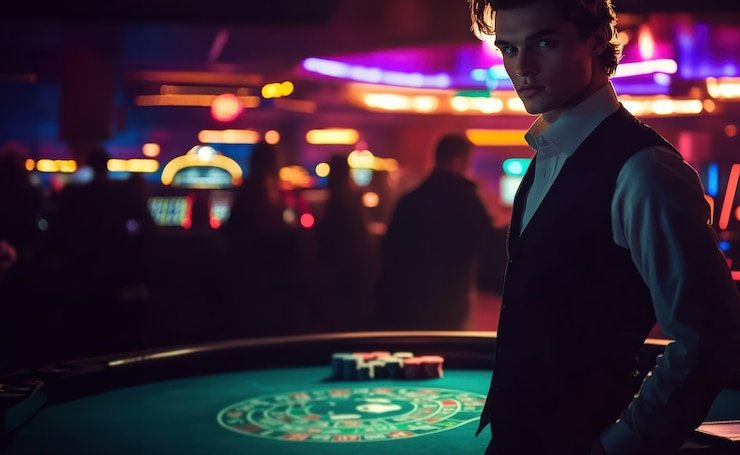 Antarmuka pengguna live casino yang menampilkan poker dan dealer secara real time